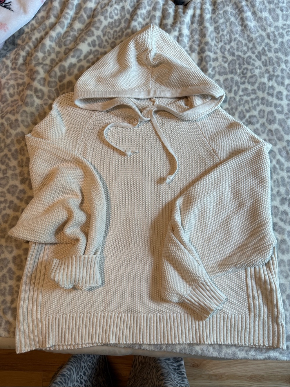 American Eagle Outfitters Cream Waffle-Knit Hooded Scoop Sweater